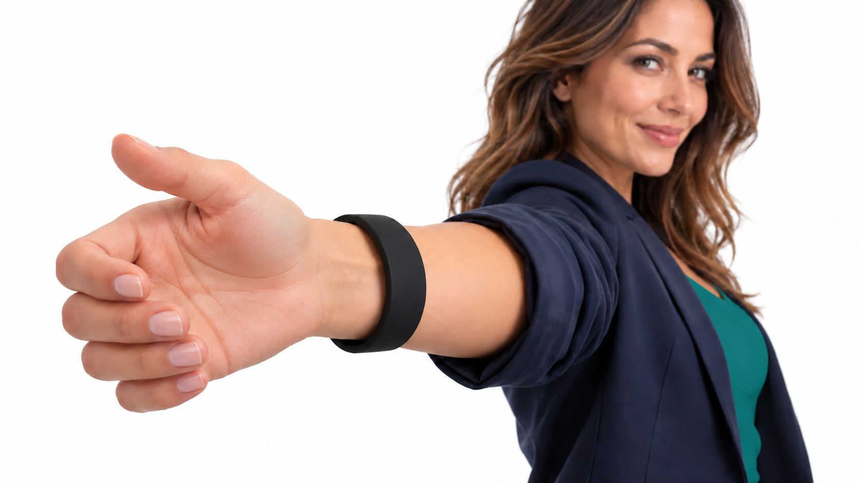 A black HelloCuff bracelet on Rebecca’s outstretched wrist